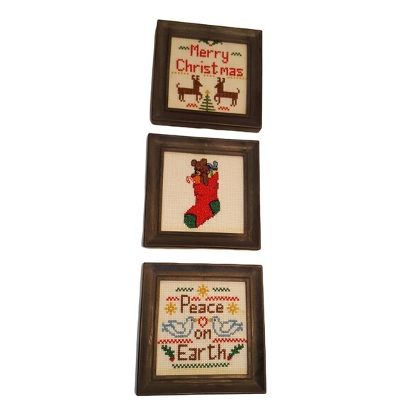 Vintage crossstitch Christmas classics lot of 3 wall hangings Peace Stocking Rei - Picture 1 of 9